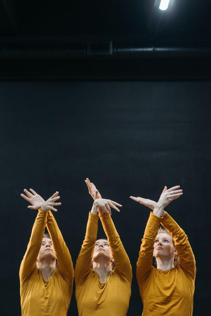 Three dancers in synchronized motion, expressing grace and creativity indoors.